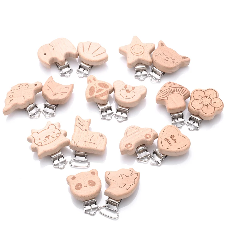 Nette Cartoon Stil Holz Sucker Natürliche Kette 5 Teile/los Druck Buche Holz Beißring Schnuller Clip DIY Dummy Clip Ketten Zubehör