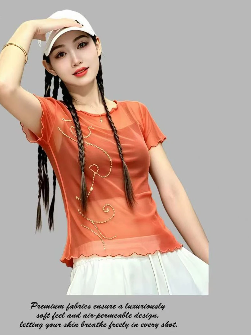 summer-new-square-dance-clothing-single-layer-mesh-round-neck-heat-diamond-short-sleeve-t-shirt-jazz-dance-women's-sportswear