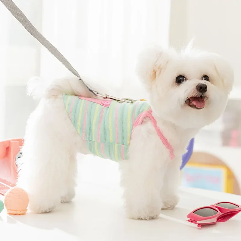 Cute Summer Pet Dog Clothed Stripe Contrast Pocket Dog Vest Strap Teddy Bears Cat Pet Dog Clothes Thin Puppy Clothing Costume