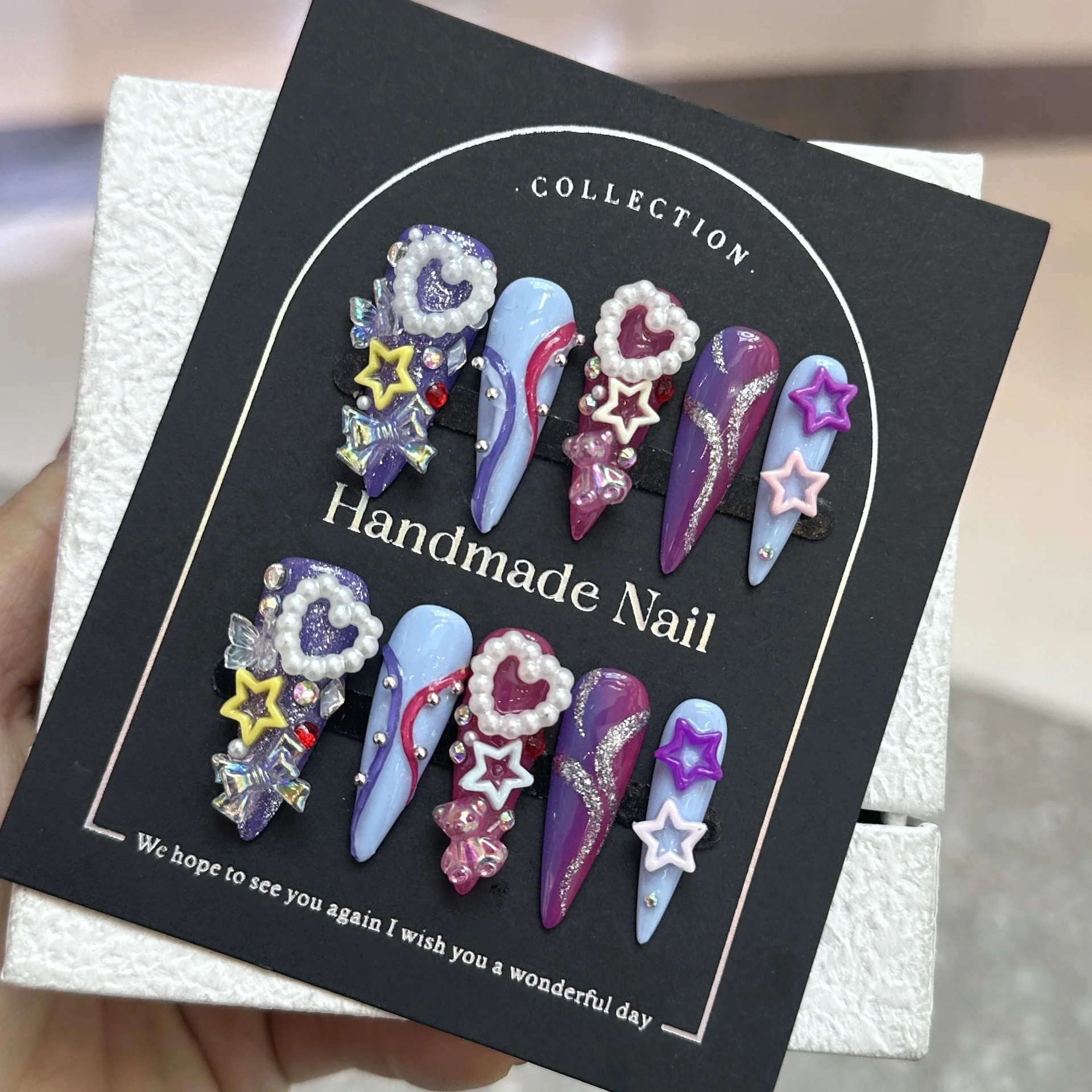 

10 PCS Handmade Hot Girls Y2K Heart Long Almond Fake Nails Purple Full Cover Wearable Press On Nails False Nails Tips
