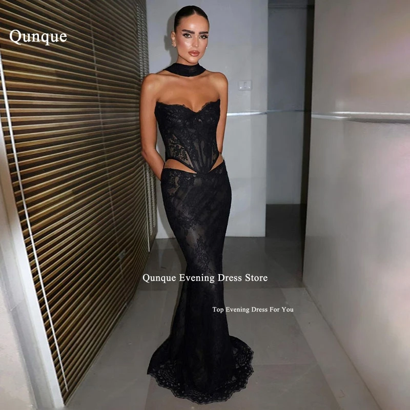

Qunque Black Customized Mermaid Evening Dresses Off The Shoulder Prom Dress Sleeveless Lace Cape Formal Evening Party Dresses