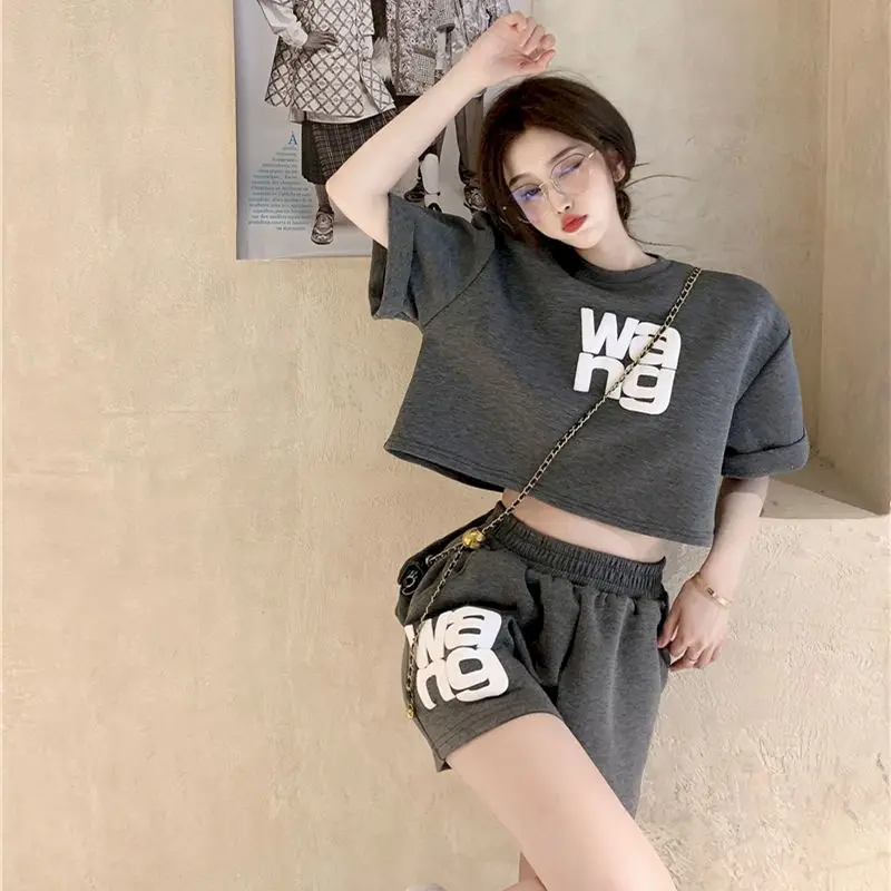 Fried Street Casual Sports Suits Women Summer Short T-shirt Tops Wide Legs Shorts Fashion Running Two Piece Sets Womens Clothing