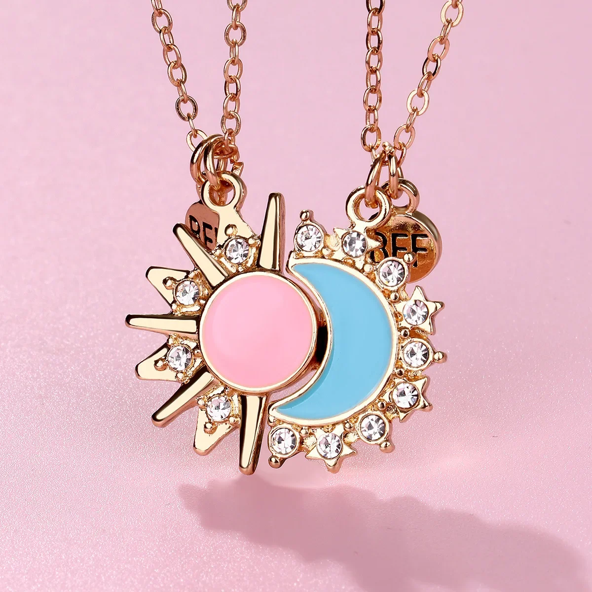 2Pcs/Set Girls' Zinc Alloy Five-Pointed Star & Moon Rhinestone Besrt Friend Necklace for Kids Girls Fashion Friendship Gifts