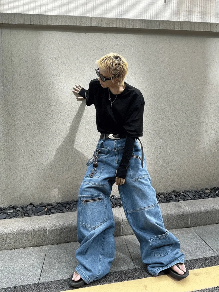 

Retro Multi-Pocket Heavy-Duty Jeans Men's Autumn and Winter High Street Wide-Leg Pants Special-Interest Design Zipper