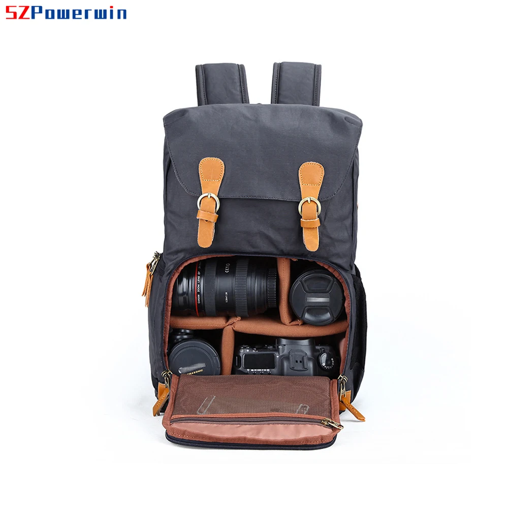 Powerwin Professional Waterproof Camera Backpack with Horse Leather and Laptop Charger for Outdoor Photography