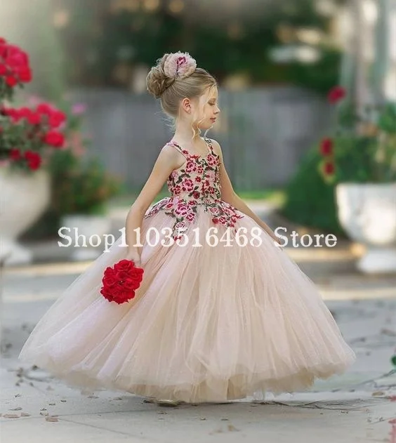 Mexico Cute Mini Quinceanera Dresses 2024 Elegant Floral Embroidered Lace Poncho Khaki Flower Girl Dresses vestidos de festa