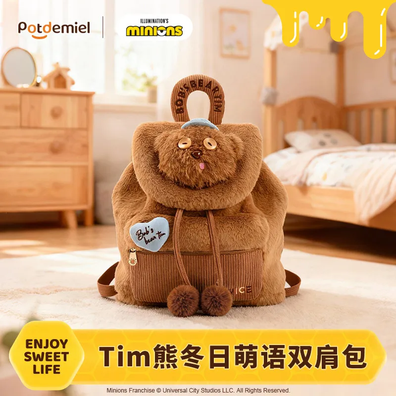 

Potdemiel Minions Tim Bear Fuzzy Plush Backpack Cute Corduroy Pouch Versatile Daily Backpack For Women Girls Ideal Birthday Gift