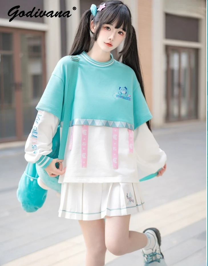 2024 New Student Women's Spring and Autumn Loose Long Sleeve Round Neck Color Block Hoodie Top Short Pleated Skirt Set