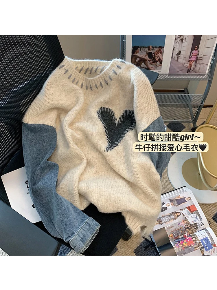 Women Denim Patchwork Sweater Long Sleeve O-Neck Loose Heart Chic Pullovers Simple Knitted Autumn Winter 2023 New Knitt Jumpers