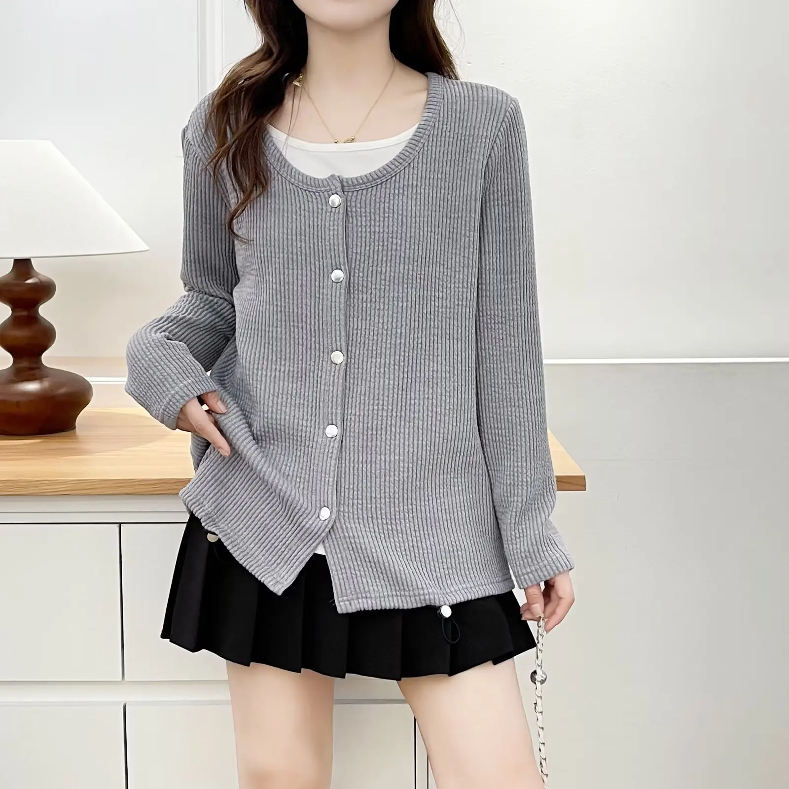 XXXXL موضة حجم كبير البلوزات النسائية الرجعية وهمية قطعتين محبوك جديد الخريف عادية كم طويل لاعبا 2562