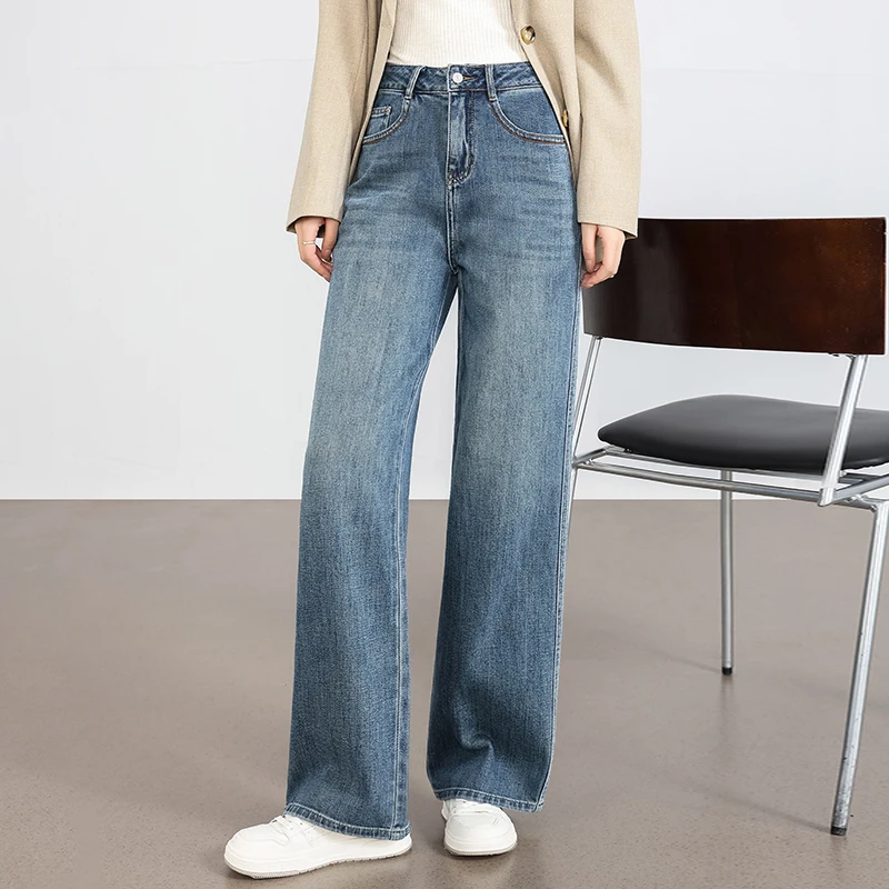 

Джинсы прямого кроя с высокой талией и широкими штанинами, женские повседневные хлопковые эластичные джинсы в стиле ретро, утягивающие весенне-осенние универсальные свободные посадки