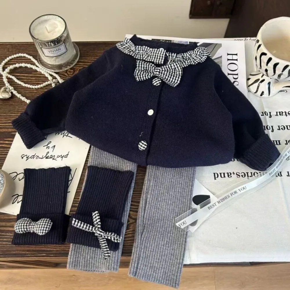 خريف جديد عصري الشارع نمط منقوشة الربط سترة بأكمام طويلة سترة + ربطة القوس فيونكة طماق قطعتين مجموعة للفتيات #3