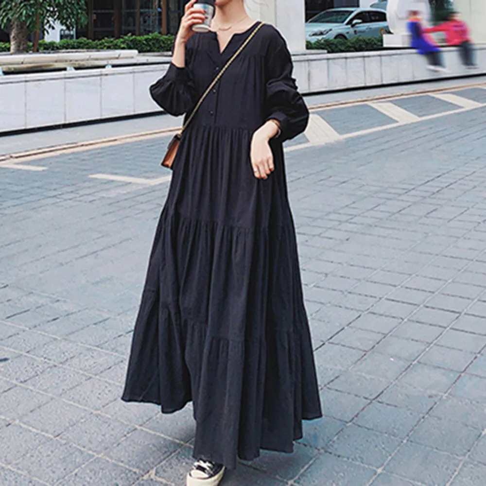 2024 Japanese And Korean Style Instagram Women's Street Dress, Lantern Long Sleeved Hepburn Style Long Skirt High Street Autumn