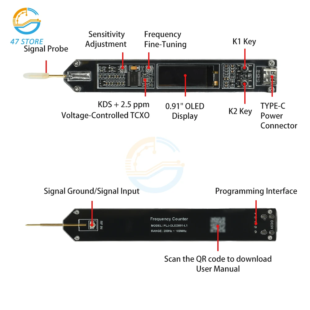 مقياس التردد الدقيق مع شاشة OLED TCXO 0.91 بوصة دقة 1 هرتز 200 هرتز - 100 ميجا هرتز نطاق من النوع C مدعوم لاختبار المذبذب