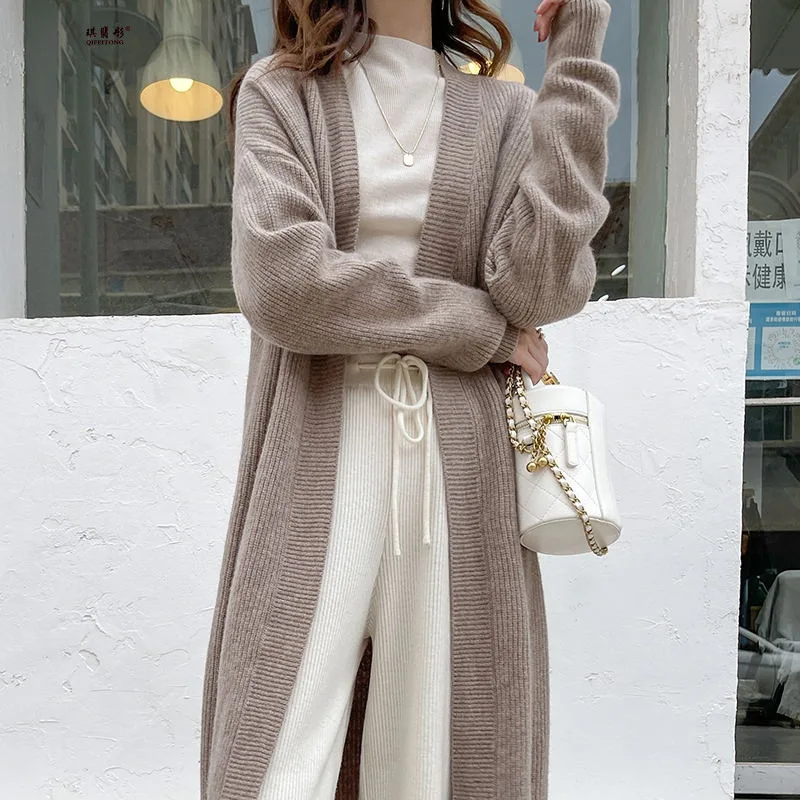 

Knitted Cardigan Autumn Winter 2023 Casual V Neck Mid Length Coat Fashion Loose Solid Color Knit Tops Sweater Office Lady