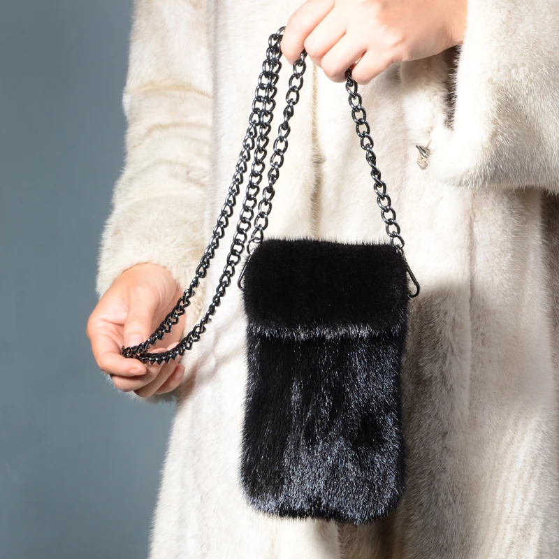 

Real Mink Fur Bag Fashion Small Bag For Women Single Shoulder Mobile Phone Bag Furry Natural Fur Handbag Female Shopping Bag