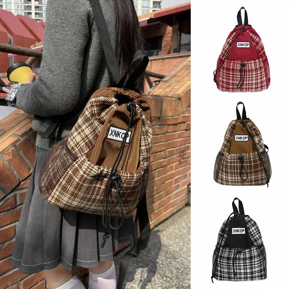 Vintage Korean Style Plaid Drawstring Bag Y2k Hiking Checkered Backpacks Travel Lightweight Student Schoolbag Teenagers