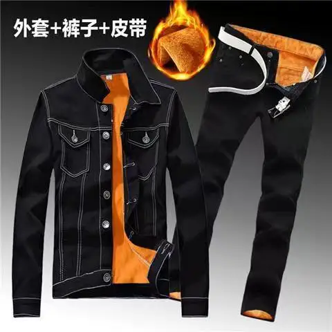 Winter Men Fleece Lining Thick Warm Denim Two Piece Set Slim Fit Cowbody Jacket Jeans Suit Cargo Sets