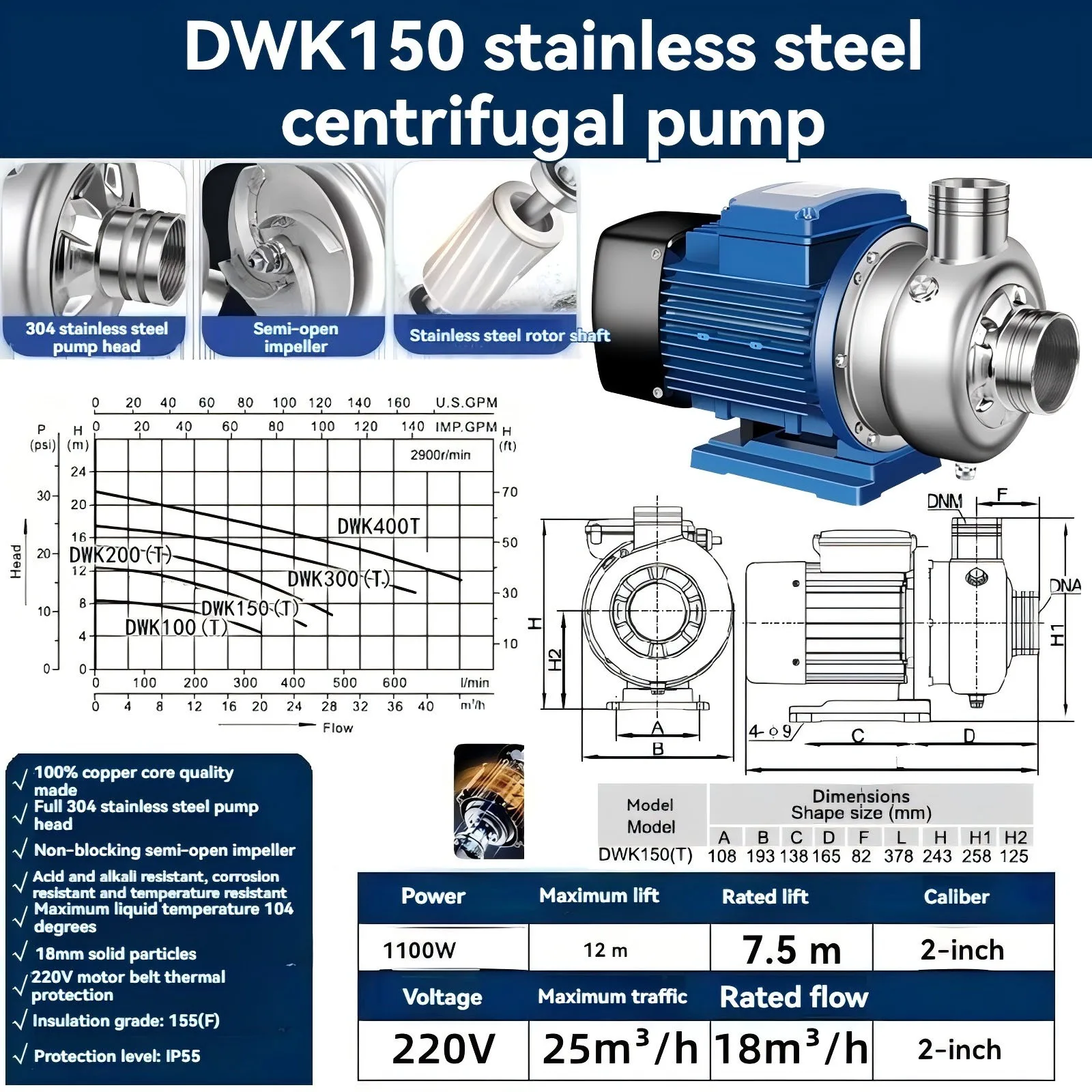 

Центробежный насос из нержавеющей стали Тип DWK Циркуляционный насос Устойчивый к кислотам и щелочам Антикоррозийный канализационный насос