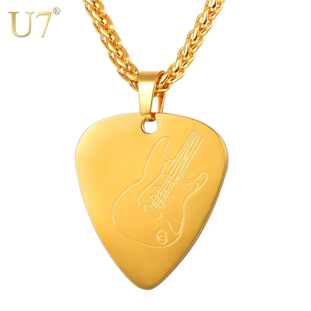 U7 Electric Guitar Bass Pick Necklace Metal with 50cm Stainless Steel Chain Retro Jewelry Gift for Family Member Music Lover