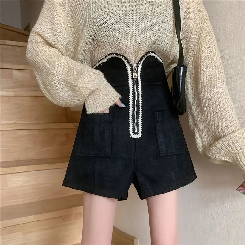 

Zipper Shorts Women Vintage Contrast Color Autumn Winter Vintage Pants Korean High Waist All Match Shorts