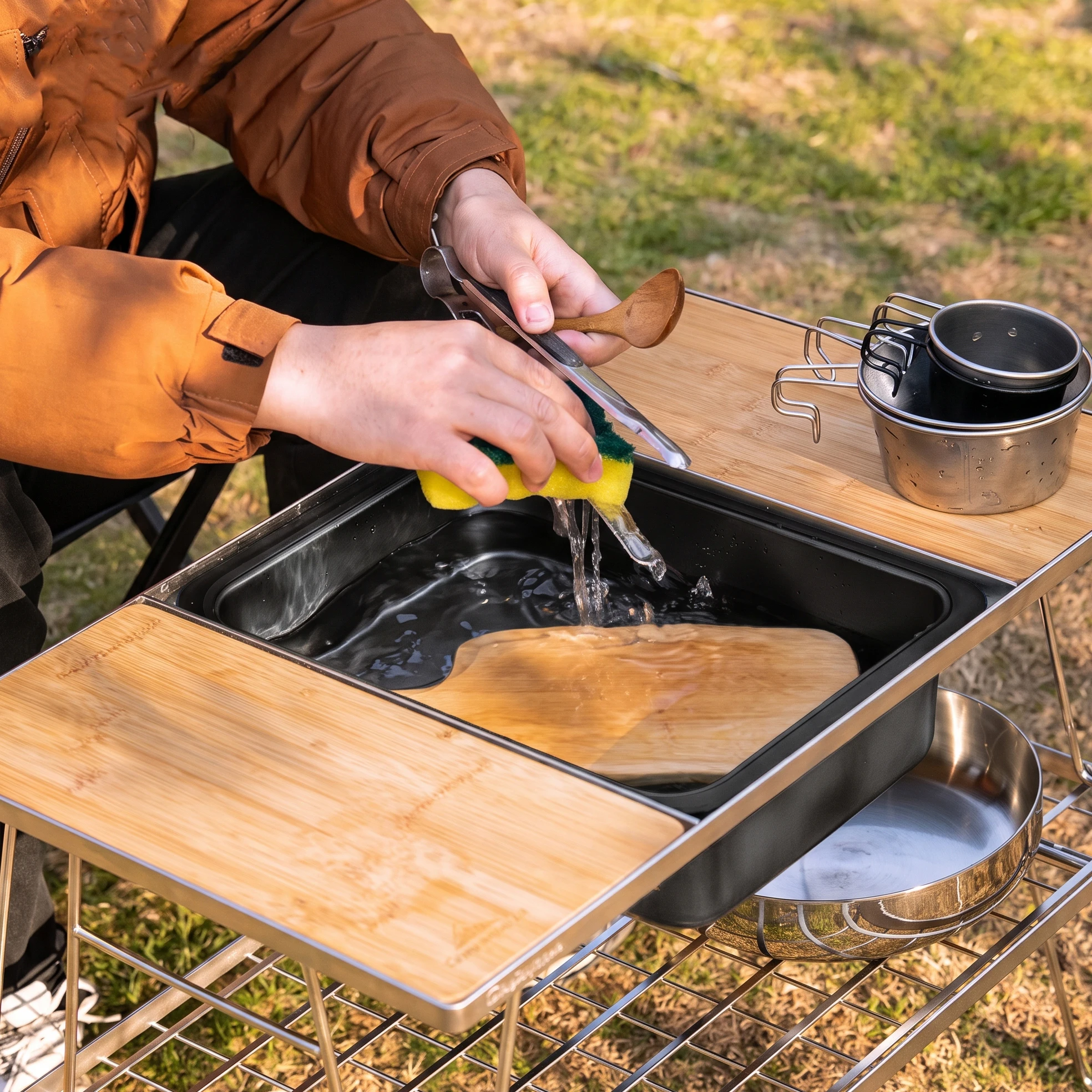 Pandatour Camping IGT 1-Unit Sink Tactical Table Module Embedded Anti-Scratch Corner Pads Vegetable Washing Sink Electric
