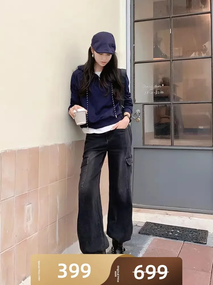 

Meiyang Спецодежда Джинсы Джинсы с высокой талией Прямые брюки Полые эластичные женские джинсы темно-синего цвета свободного покроя с кетами