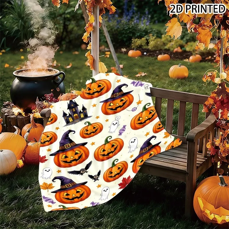Halloween Spooky Throw Blanket Suitable for - Cozy Plush Bedspread with Jack-o'-Lanterns, Bats, Ghosts & Haunted House Print - L