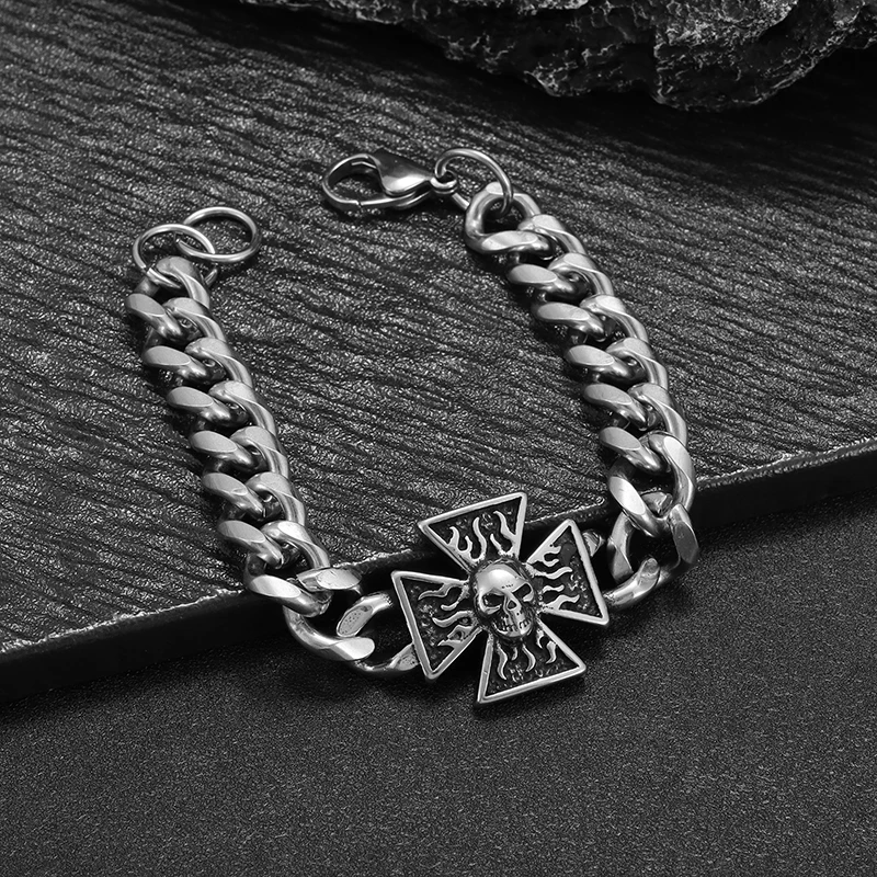 Vintage Stainless Steel Gothic Cross Skull Bracelet Men\'s Motorcycle Rider Rock Party Jewelry