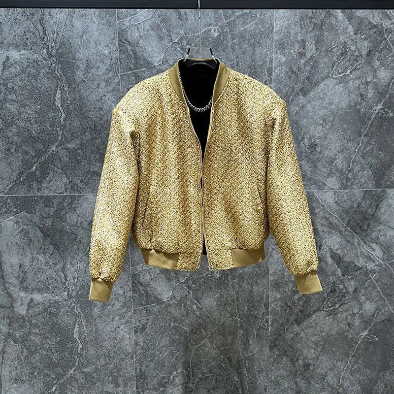 

Осень-зима, новая модная элитная куртка, стильный блестящий повседневный мужской бейсбольный воротник, уникальный модный топ в стиле хип-хоп