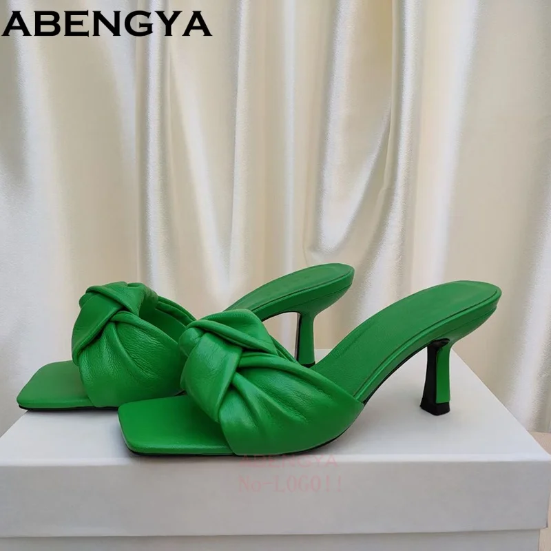 New Square Toe Leather Slides High Heels Slippers Women Summer High Heels Mules Party Shoes For Women Slippers