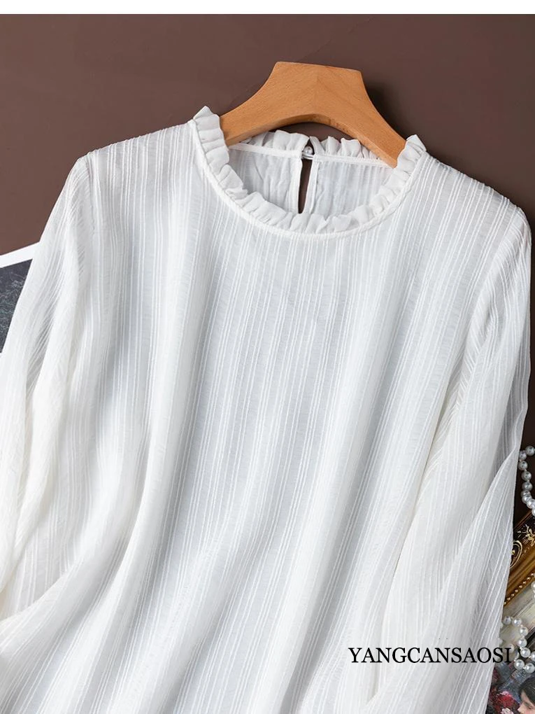 2025 Women's Fashion New Natural 50% Natural Mulberry Silk White French Commuter Long Sleeve Ear Collar Long Sleeve T-shirt