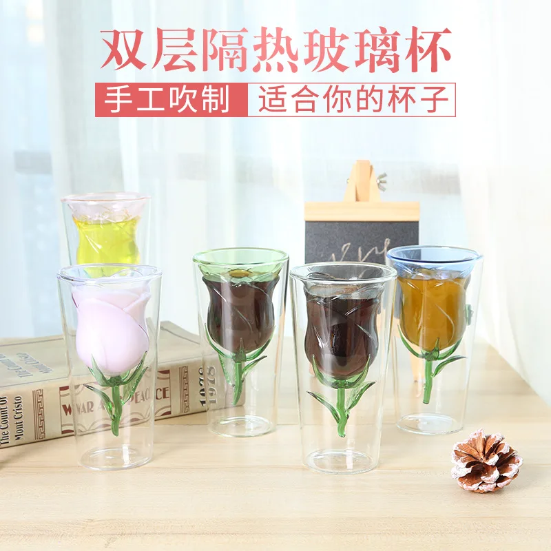 

High temperature double-layer glass water cup rose shape Valentine's day high-footed red wine drink beer glass