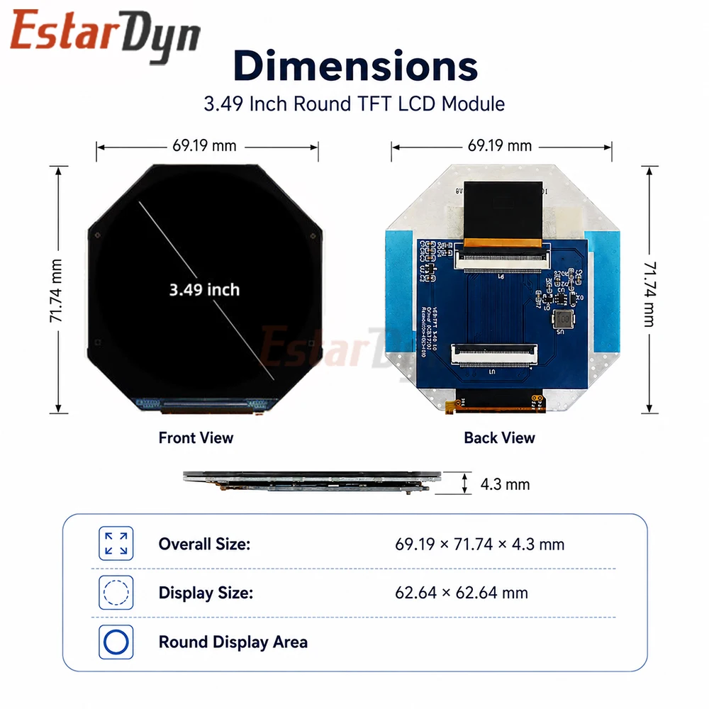 Estardyn 3.49-inch TFT LCD screen ST7701 screen with 480x480 resolution display color screen LCD module