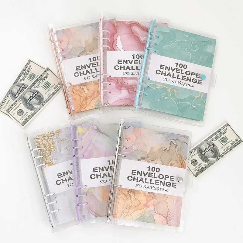 

1Set 100 Day 100 Envelope Challenge Marble Pattern Loose-leaf Savings Notebook Saving Money Binder Cash Budget Storage Book Gift