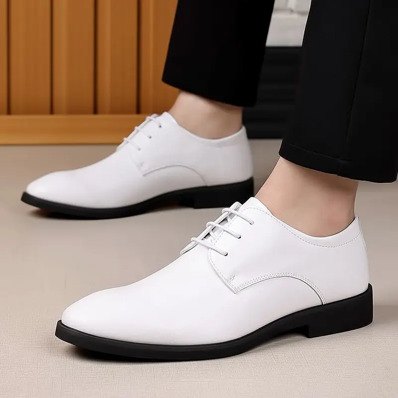 

Spring Autumn White Pointed Toe Business Dress Shoes Man Leather Casual Lace Up Footwear Elegant and Classic Social Shoe for Men