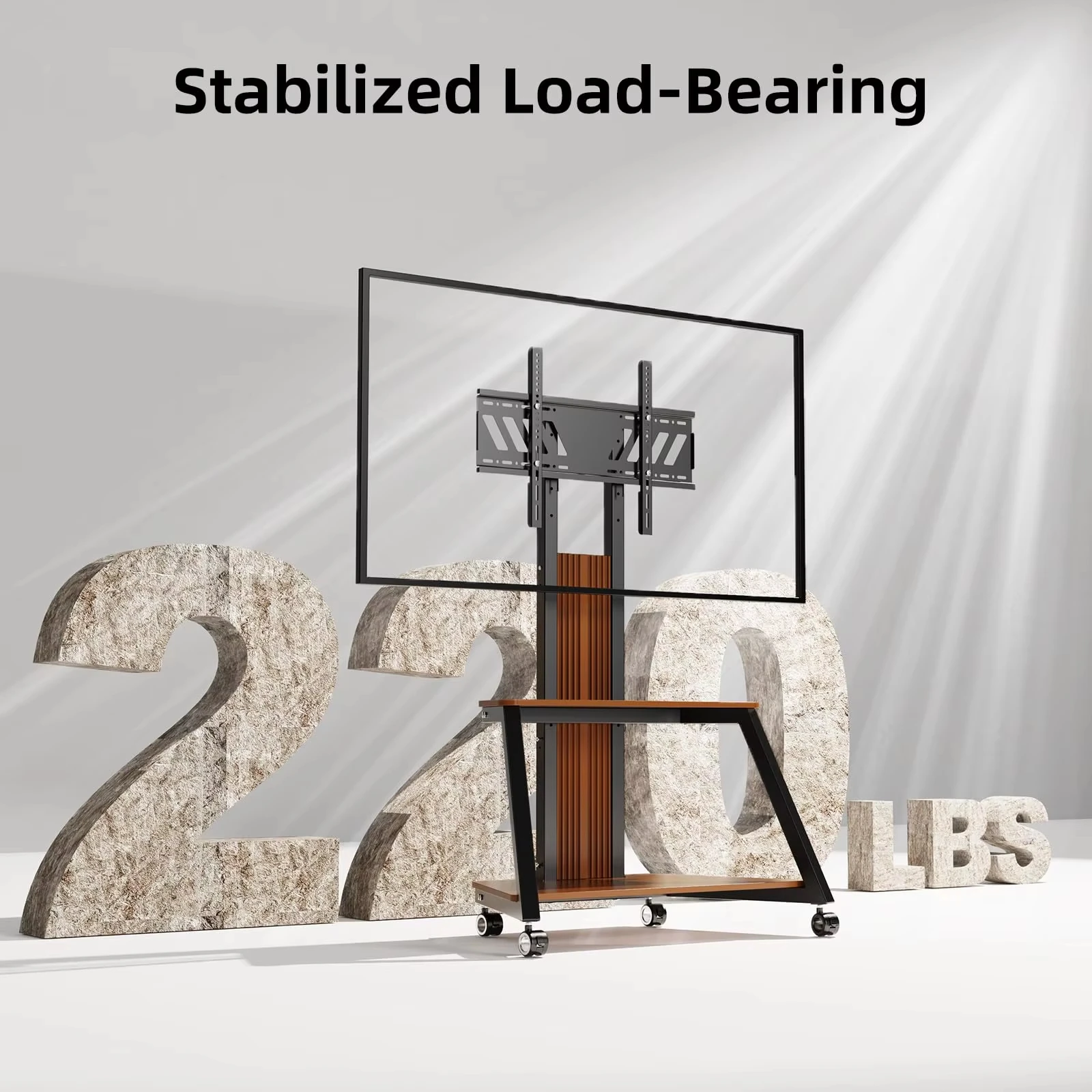 Soporte para TV móvil de alta resistencia, carrito para TV de 40-80 pulgadas, soporte de suelo para TV portátil con estantes de madera, altura ajustable con capacidad para 220 libras