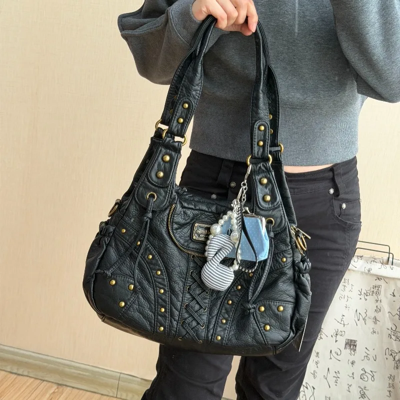 Original Designer Marke Vintage Motorrad-Tasche Damen Nieten Schulter-Crossbody-Tasche Spice Girl Unterarm-Taschen für Frauen – Detail 13