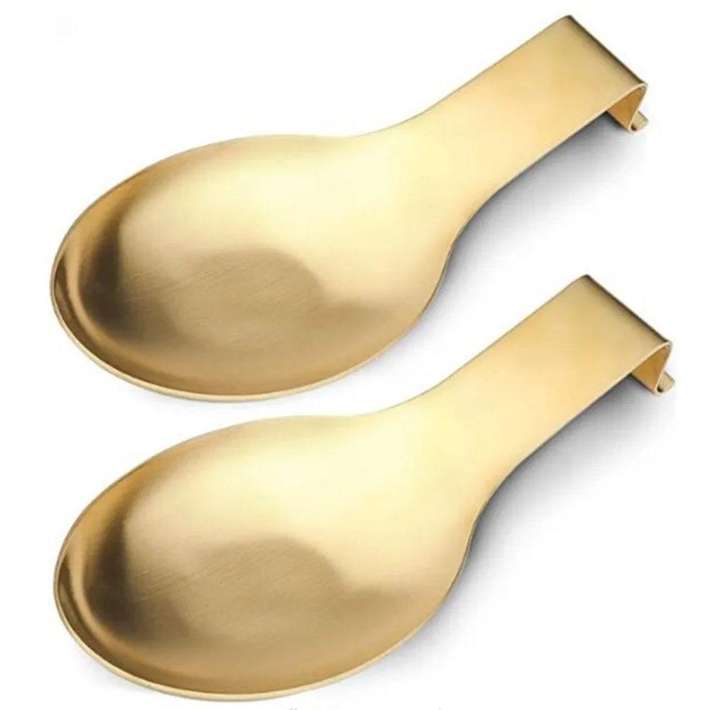 2PCS Reusable Stainless Steel Utensil Spoon Rest Gold 9.84x3.94x0.98in Reusable Utensil Holder Ladle Spatula Holder Home Kitchen