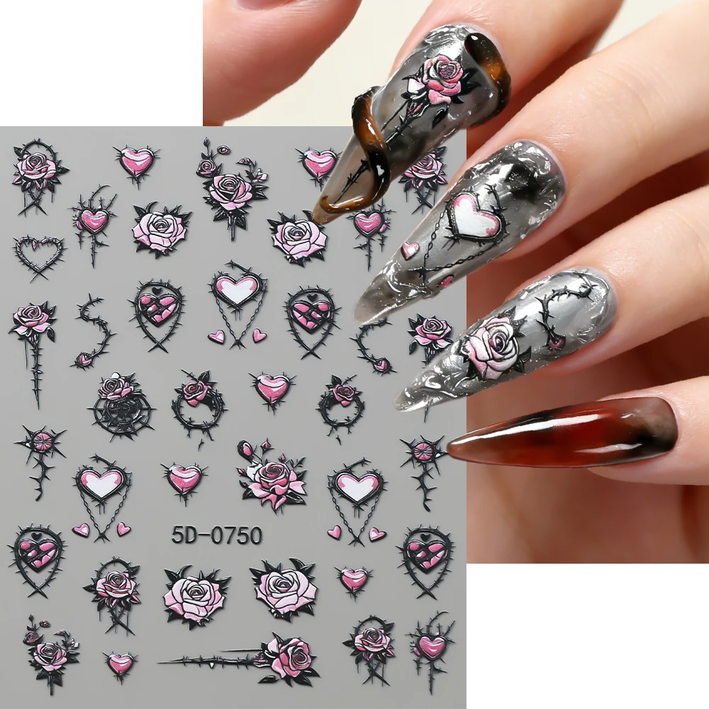 

1 шт. 5D объемные наклейки для ногтей с готическими шипами, розами и сердцами, черные/розовые цветочные наклейки с сердечками, самоклеящиеся декоративные стикеры для ногтей для женщин, панк-маникюр