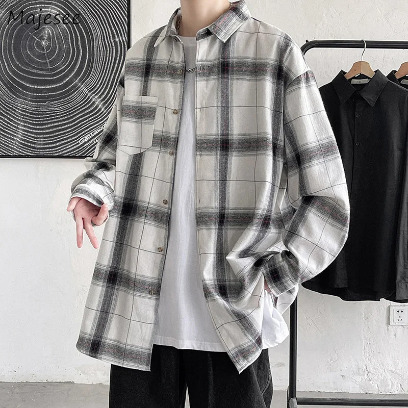 

Plaid Shirts Men Fashion Baggy Vintage Spring Summer All-match Handsome Long Sleeve Tops Korean Style Casual Teens Ins Clothing