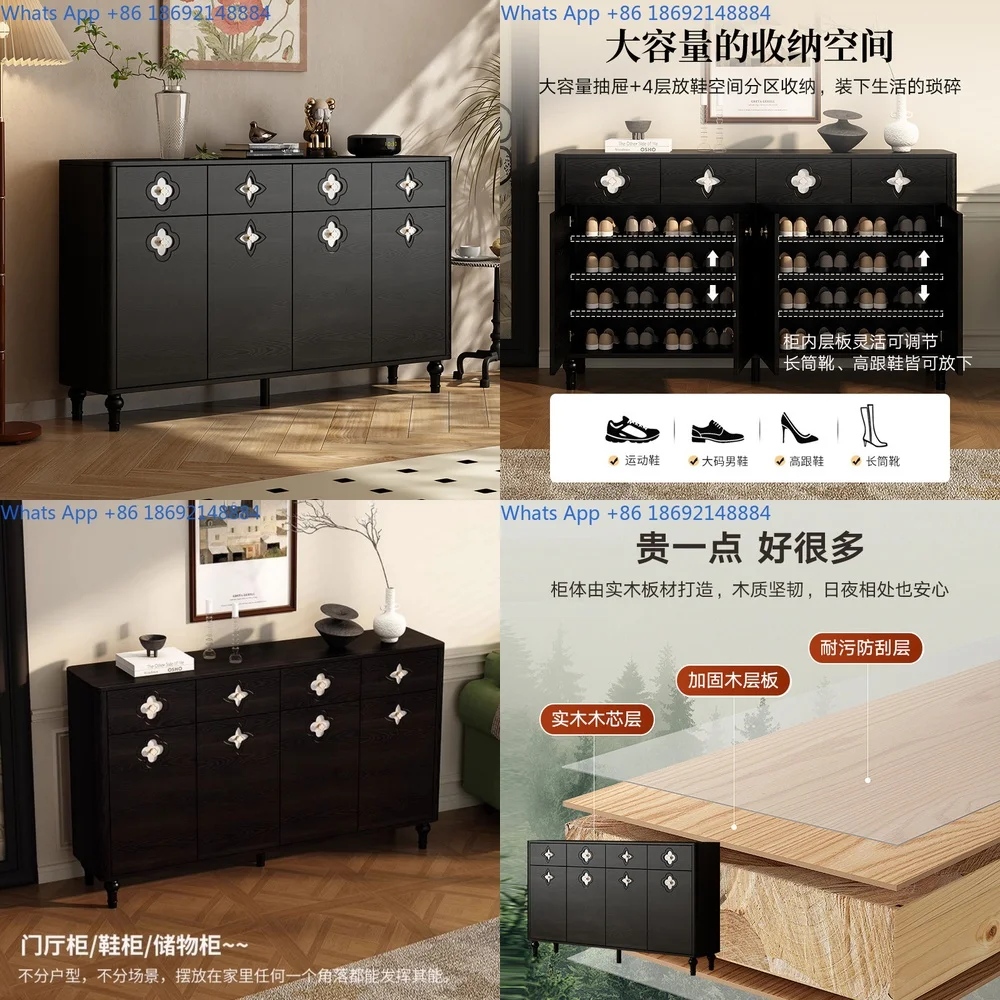 French Style Vintage Shoe Cabinet Black Solid Wood Entryway Storage Cabinet for Home Use