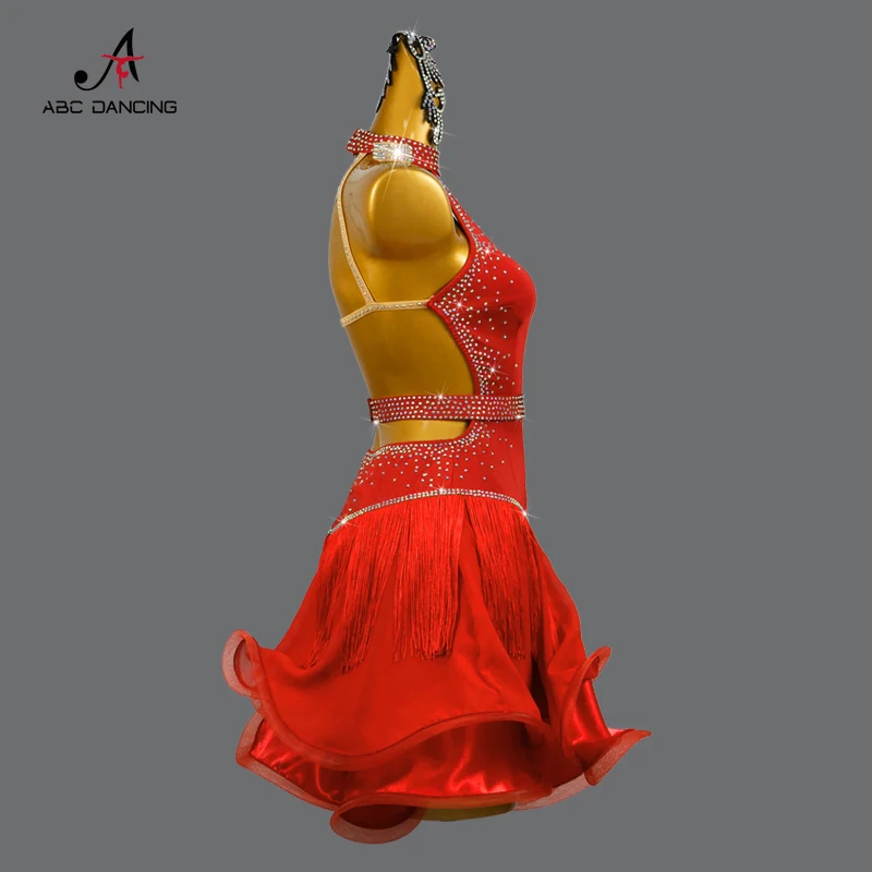 New Red Latin Dance Competition Dress Sexy gonna senza spalline per le donne Diamond spedizione gratuita abbigliamento da sala da ballo per ragazza linea Midi Cha Nuovi prodotti e serie Personalizzazione Avanzata Moda