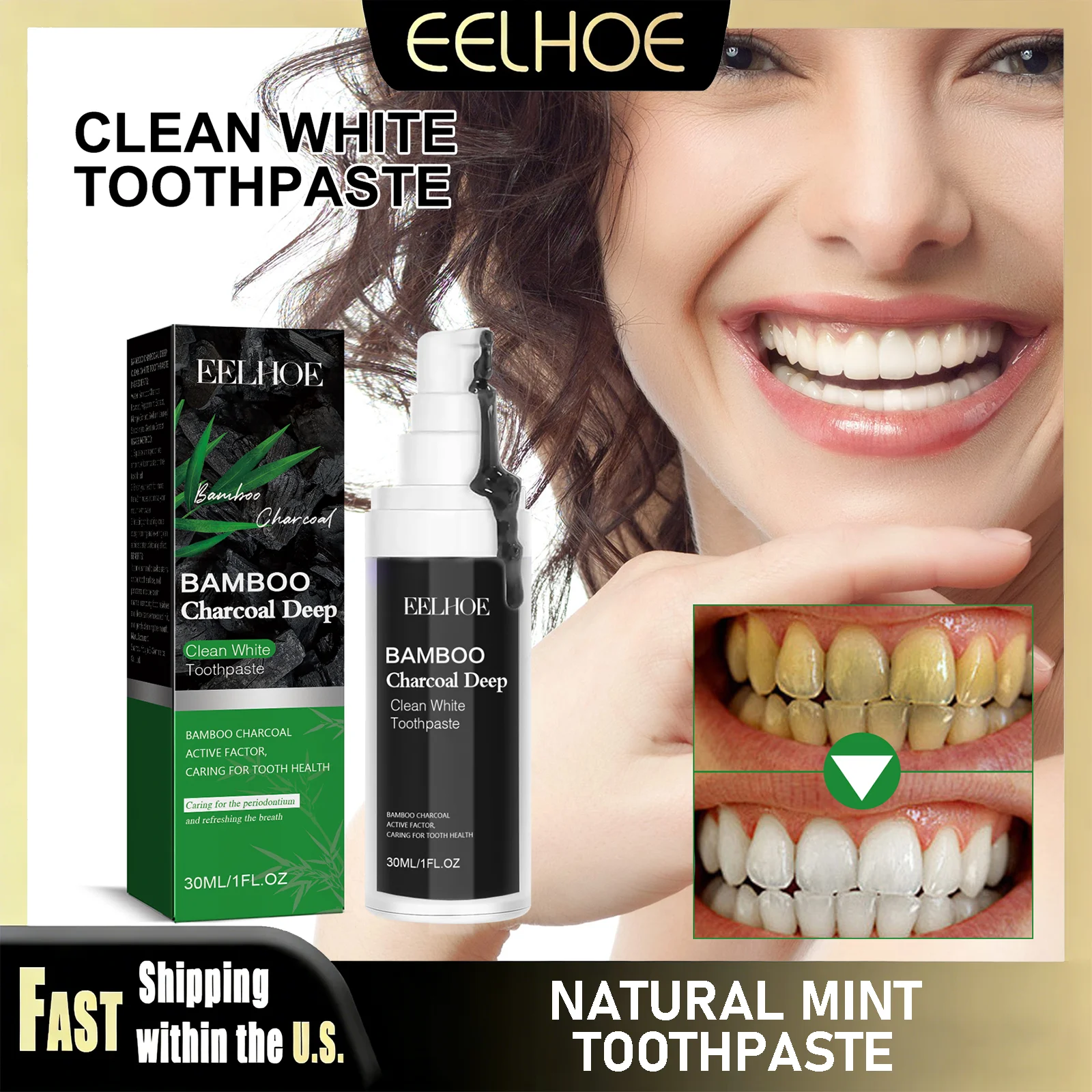 Pasta Dental Natural de Carbón Vegetal EELHOE, Limpiador Dental, Eliminador de Manchas Amarillas, Dentífrico, Aliento Fresco, Cuidado Bucal Suave con Sabor a Menta, Uso Diario
