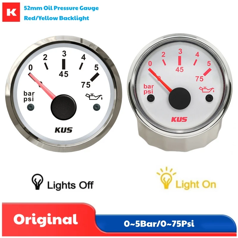 

KUS 0-5Bar/0-75Psi Show Oil Pressure Gauges 52mm Oil Pressure Meters 10-184ohm Input Signal with Yellow or Red Backlight for Car
