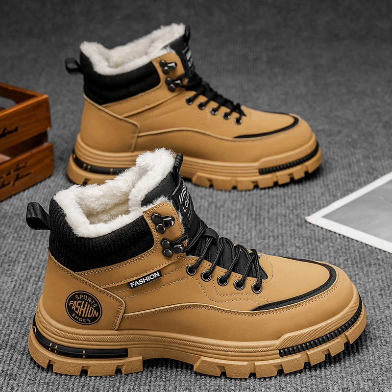 2025 Winter New Men's Snow Boots, Winter Fleece Warm High-top Cotton Shoes, Retro Work Boots