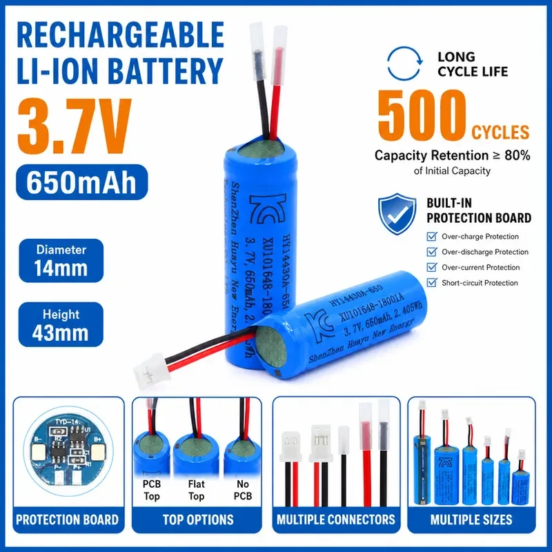 100PCS 14430 Lithium Battery 3.7V 650mAh Rechargeable Li-ion Cell for Flashlights and Electronic Devices Power Source