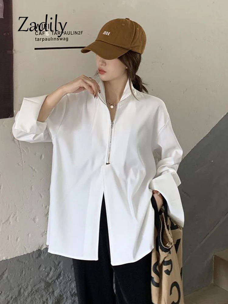 2024 Autumn Streetwear Long Sleeve White Shirt and Blouse Women Minimalist Zipper Oversize Ladies Shirts Female Clothing Y2K Top