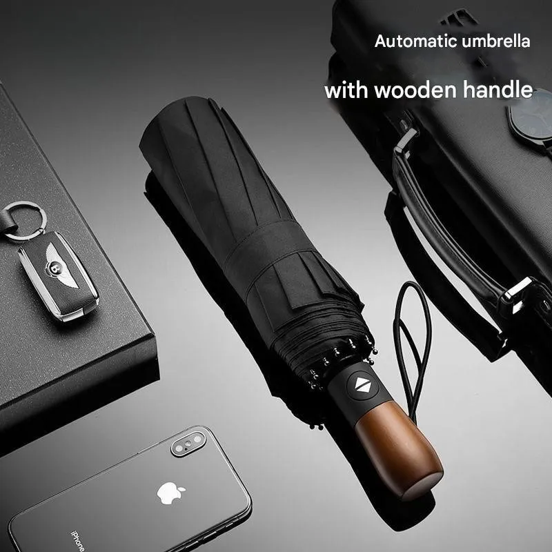 Fully Automatic Folding Retracting Wooden Handle Umbrella Oversized Reinforced Thickened Sturdy Wind Rain Resistant Umbrella