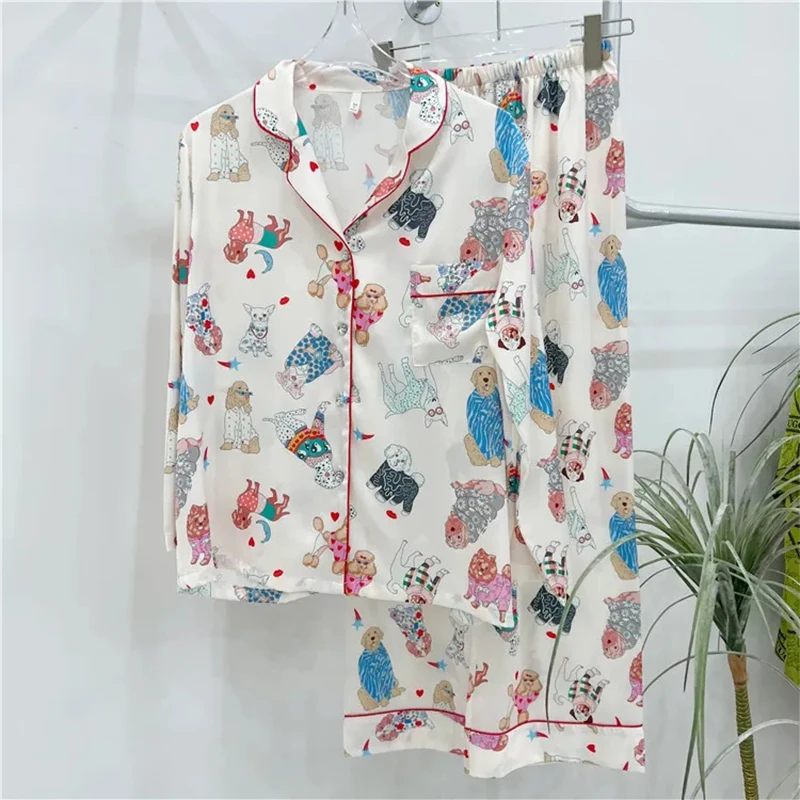 Poodle Print Pajamas Women Silk Like Cute Dog Two Pieces Set Long Sleeve Tops Full Length Pants Lounge Spring Autumn 32903